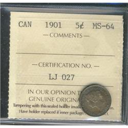 1901 5¢ ICCS MS64 attractive rainbow tone