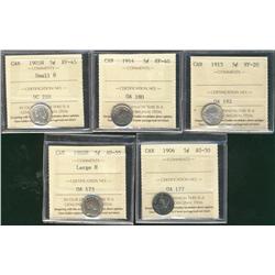 1902H 5¢ AU55, 1906 AU50, 1903H Sml H EF45, 1914 EF40 & 1915 VF20.  Lot of 5 ICCS coins.