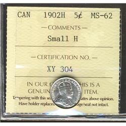 1902 small H 5¢ ICCS MS62, brilliant