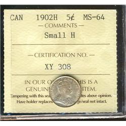 1902 small H 5¢ ICCS MS64, nicely toned.