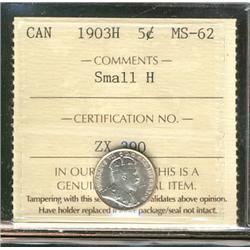 1903H small H 5c ICCS MS62, brilliant
