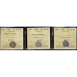1904, 1909 Ptd Lvs, 1910 Ptd Lvs, 5¢ all ICCS EF40,  Lot of 3 coins,