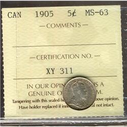 1905 5¢ ICCS MS63, nicely toned. Scarce.