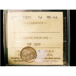 1905 5¢ ICCS MS64. Attractively toned. Very nice.