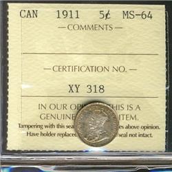 1911 5¢ ICCS MS64PQ+, superbly toned.  Great lustre.