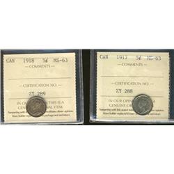 1917 & 1918 5¢ ICCS MS63.  Lot of 2 coins both attractive and lustrous.