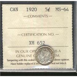 1920 5¢ ICCS MS64, lightly toned.