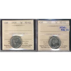 1922 & 1928 5¢ ICCS MS62.  Lot of 2 coins.