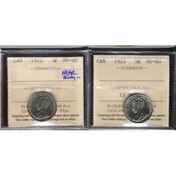 1922 Nr & 1923 5¢ ICCS MS60.  Lot of 2 coins.
