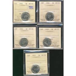 1922 Nr 5¢, 1924(2), 1929 & 1935 ICCS AU55.  Lot of 5 coins.