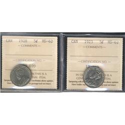 1923 & 1928 5¢ ICCS MS62.  Lot of 2 coins.