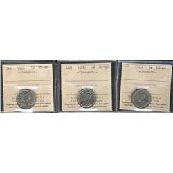 1923, 1924 & 1930 5¢ ICCS MS60.  Lot of 3 coins.  ICCS tag for the 1924 is damaged.
