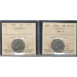 1925 & 1926 Far 5¢ ICCS F15.  Lot of 2 coins.