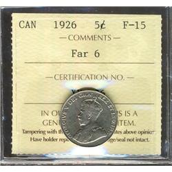 1926 Far 5¢ ICCS F15, popular variety.