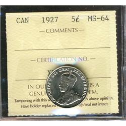 1927 5¢ ICCS MS64, nice satiny lustre.
