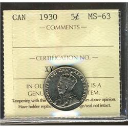 1930 5¢ ICCS MS63, scarce date.