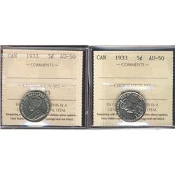 1933 5¢ ICCS AU50.  Lot of 2 coins.