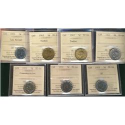 1937, 1942 T(2), 1951 LR, 1951 Commem, 1952 & 1953 SF 5¢.  Lot of 7 coins all ICCS MS64 Graded.
