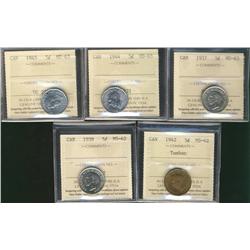 1937, 1944, 1945 5¢ MS63 & 1938, 1942 Tombac MS62.  Lot of 5 coins all ICCS graded.