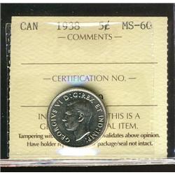 1938 5¢ ICCS MS60, lustrous