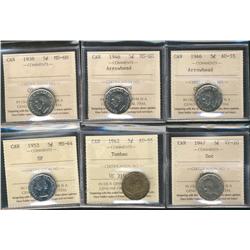 1938, 1946 Arrowhead 5¢ MS60 & 1946 Arrowhead & 1942 Tombac AU55.  Lot of 5 ICCS coins.  Also includ