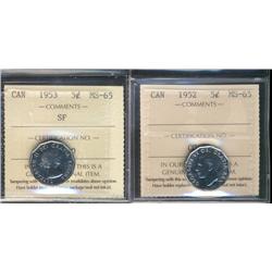 1952 & 1953 SF 5¢ ICCS MS65.  Lot of 2 coins.