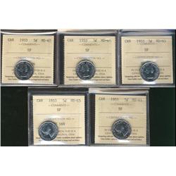 1953 SF 5¢ ICCS MS65.  Lot of 5 coins.