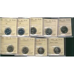 1954 5¢(2), 1956, 1957, 1958, 1963(2), 1965 Hyv cam & 1970 Hvy Cam.  Lot of 9 ICCS PL64 coins.