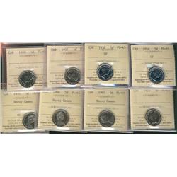 1954 5¢(2), 1957, 1958, 1963, 1965 Hyv cam, 1966 Hvy Cam & 1970 Hvy Cam.  Lot of 8 ICCS PL65 coins.