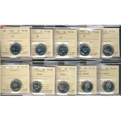 1954 5¢(4), 1963(2), 1964 Cam, 1965 Cam and Hvy Cam & 1970 Hvy Cam.  Lot of 10 ICCS PL64 examples.
