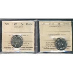 1957 5¢ ICCS PL66.  Lot of 2 coins.