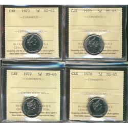 1970, 1972, 1973 & 1978 5¢ ICCS MS65.  Lot of 4 coins.