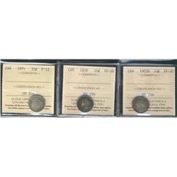 1858 & 1903H 10¢ VF20 along with 1871 10¢ F12.  Lot of 3 ICCS graded coins.