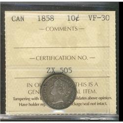 1858 10¢ ICCS VF30.