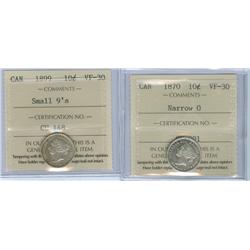 1870 Narrow and 1899 Small 9's.  Lot of 2 ICCS graded 10¢ coins, both VF30.
