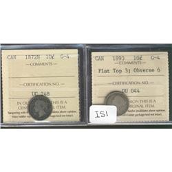 1872H 10¢ & 1893 FT Obv 6 ICCS G4.  Lot of 2 coins.