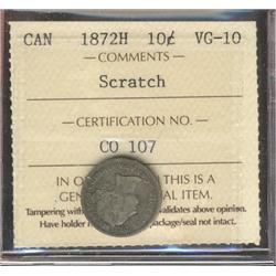 1872H 10¢ ICCS VG10.  Designated with scratch.
