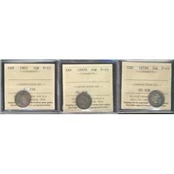 1874H, 1882H  & 1903 10¢ ICCS F15.  Lot of 3 coins.