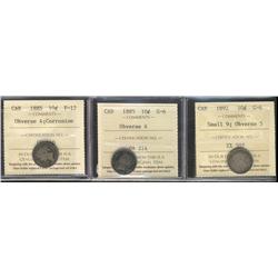 1885 10¢ Obv 4 & 1892 Sml 9 Obv 5 ICCS G6.  Aong with 1885 F12 designated Corroded.  Lot of 3 coins.