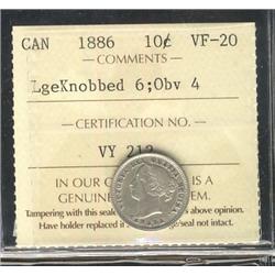 1886 10¢ Lge Knob 6 Obv 4 ICCS VF20.