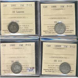 1888, 1891 22Lvs, 1900 10¢ F15 & 1890H F12.  Lot of 4 coins all ICCS graded.