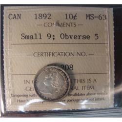 1892 10¢ Sml 9 Obv 5 ICCS MS63.  Frost like finish.