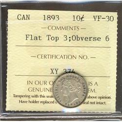 1893 FT, Obv.6 10¢ ICCS VF30, lustrous.