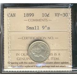 1899 Small 9's 10¢ ICCS VF30, brilliant