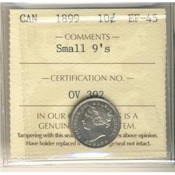 1899 10¢ Sml 9's ICCS EF45.  Sharp strike and lustrous.