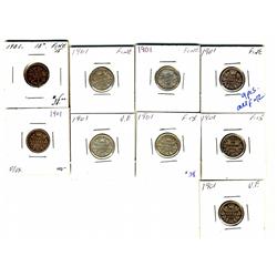 1901 10¢ F-12.  Lot of 9 pieces.
