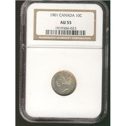 1901 10¢ NGC AU55.  Strong lustre.