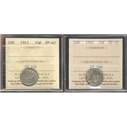 1902 & 1912 10¢ ICCS EF40.  Lot of 2 coins.