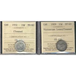 1909 10¢ VL  EF40 & 1932 MS60.  Lot of 2 ICCS cleaned coins.