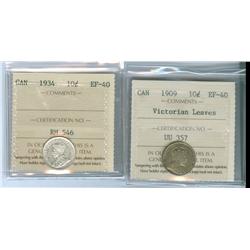 1909 Vict. Lvs. And 1934.  Lot of 2 ICCS graded 10¢ coins, both EF40.